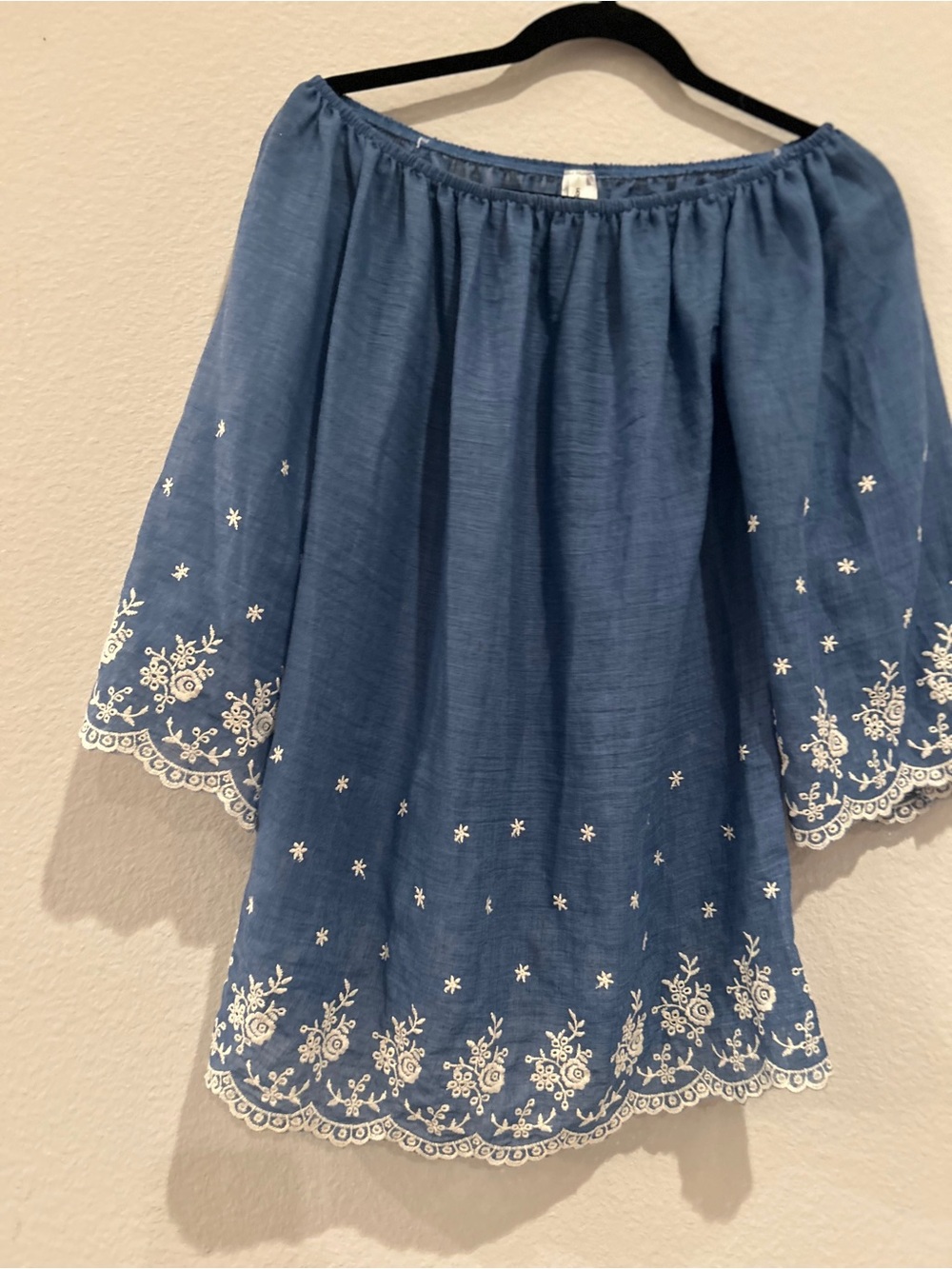 Blue Off-Shoulder Embroidered Peasant Top
